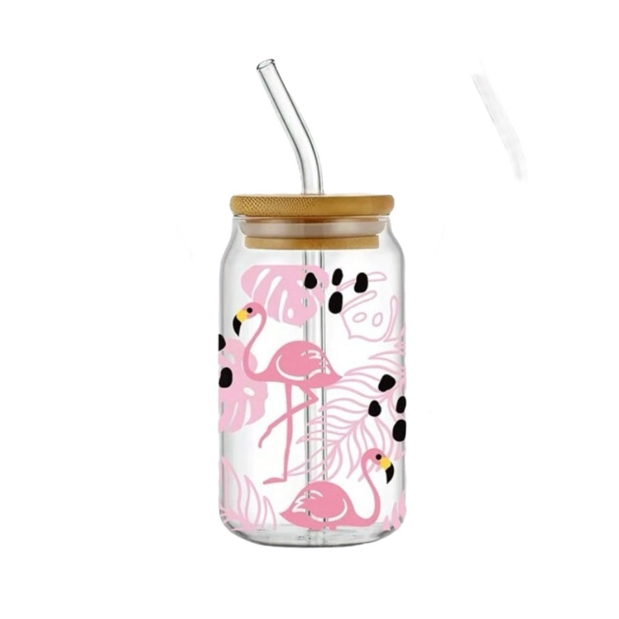 b. Γυάλινο Ποτήρι Flamingo με Καλαμάκι & Bamboo Καπάκι 350ml