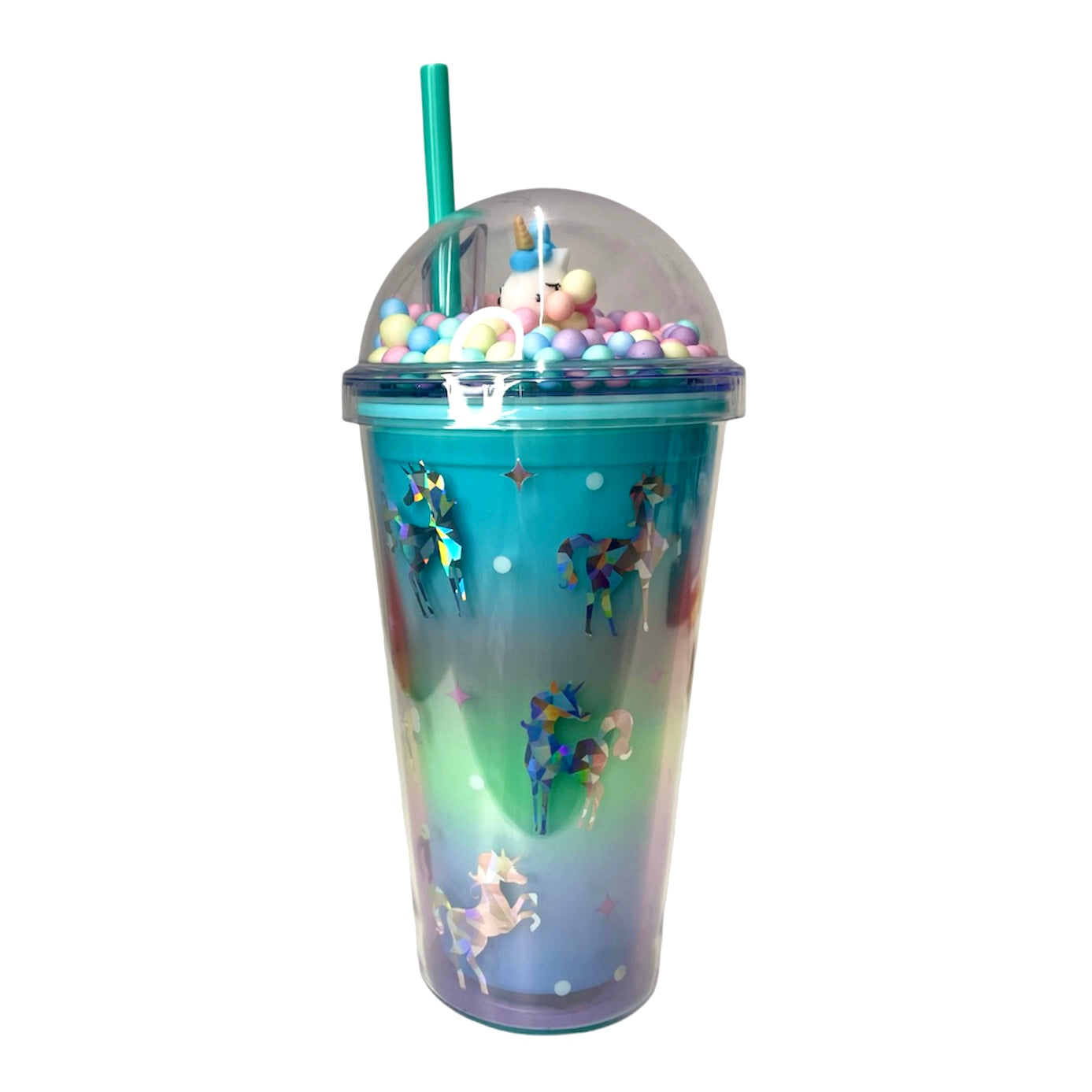 a. Ποτήρι Πλαστικό Unicorn Πράσινο με Καλαμάκι 450ml
