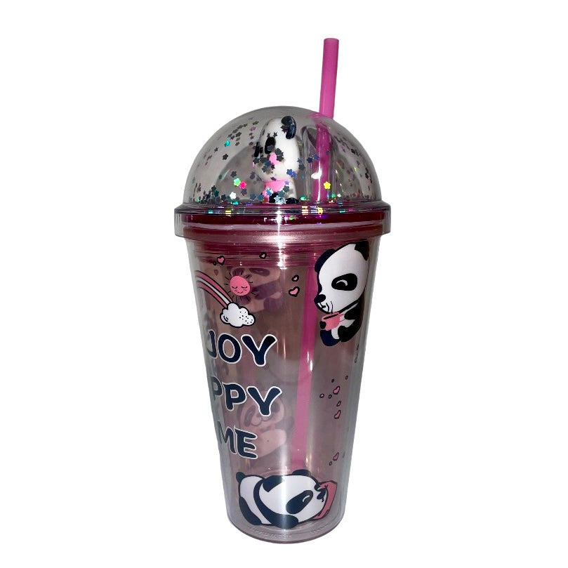 a. Ποτήρι Πλαστικό Panda Ροζ με Καλαμάκι 450ml